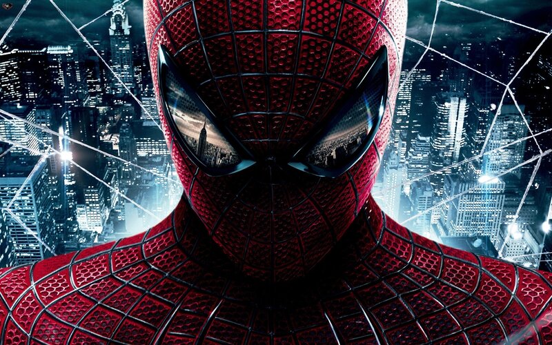Spider-man in Red Suit — Dramatic, Night, Digital Art, City Skyline, Webbing, Black, Blue