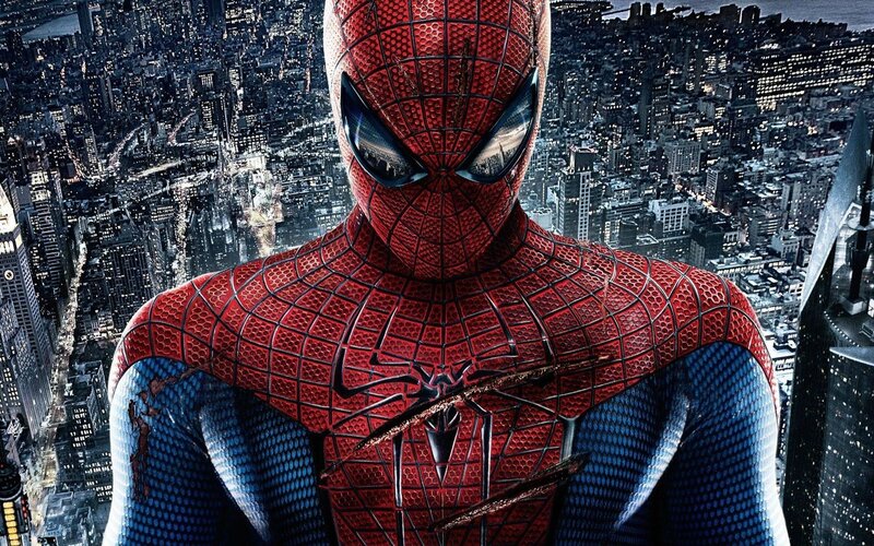 Spider-man in Red Suit — Dramatic, Night, Digital Art, Cityscape, Skyscrapers, Blue