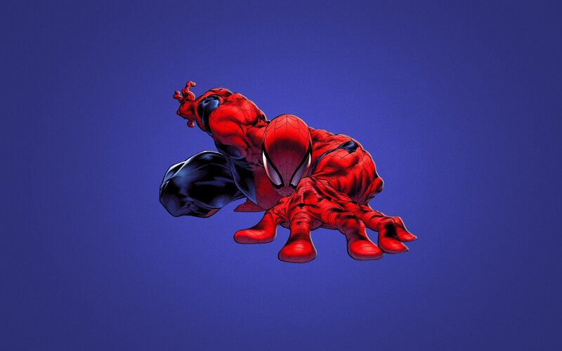 Spider-man in Red Suit — Dynamic, Comic, Blue Background