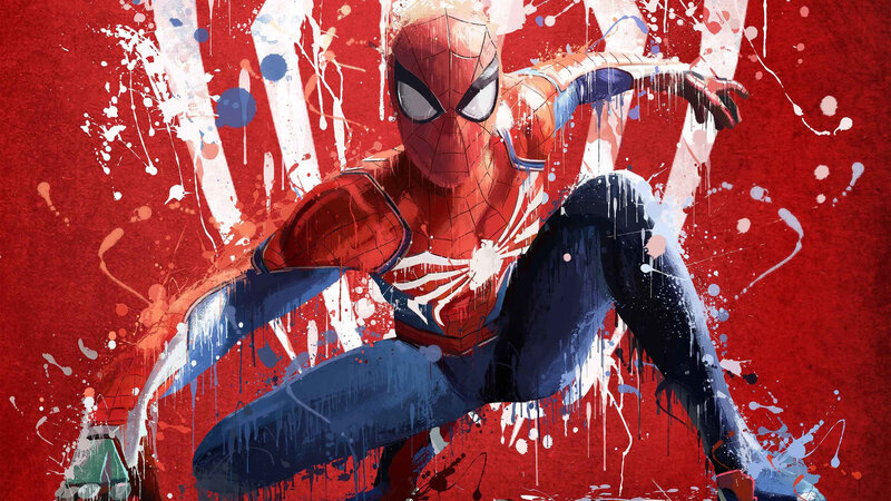 Spider-Man in Red Suit — Dynamic, Digital Art, Splatter Paint