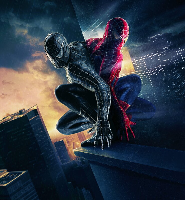 Spider-Man in Two Suits — Red, Dramatic, Night, Digital Art, Cityscape