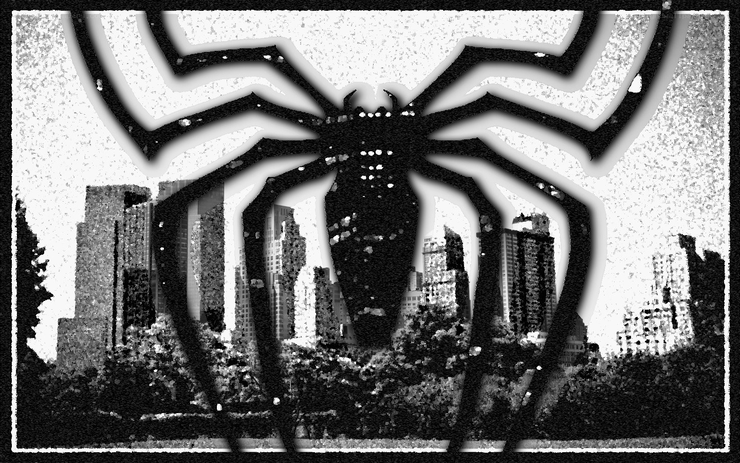 Spider-Man logo over cityscape