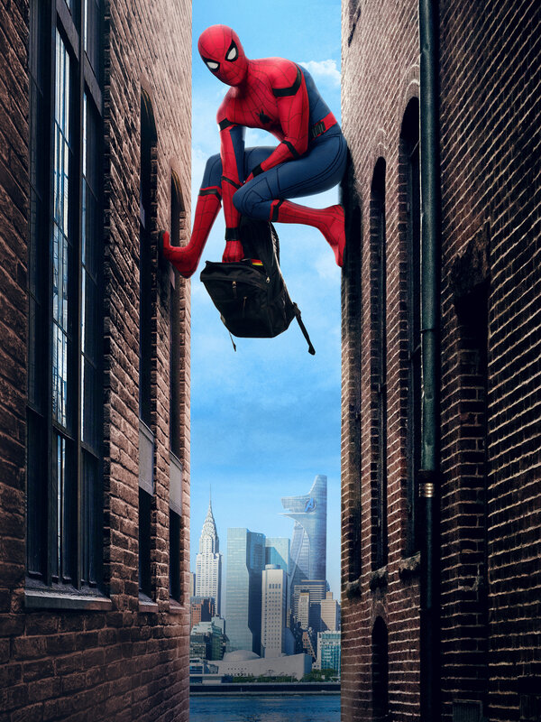 Spider-man on Building — Red, Dramatic, Afternoon, Photograph, Backpack