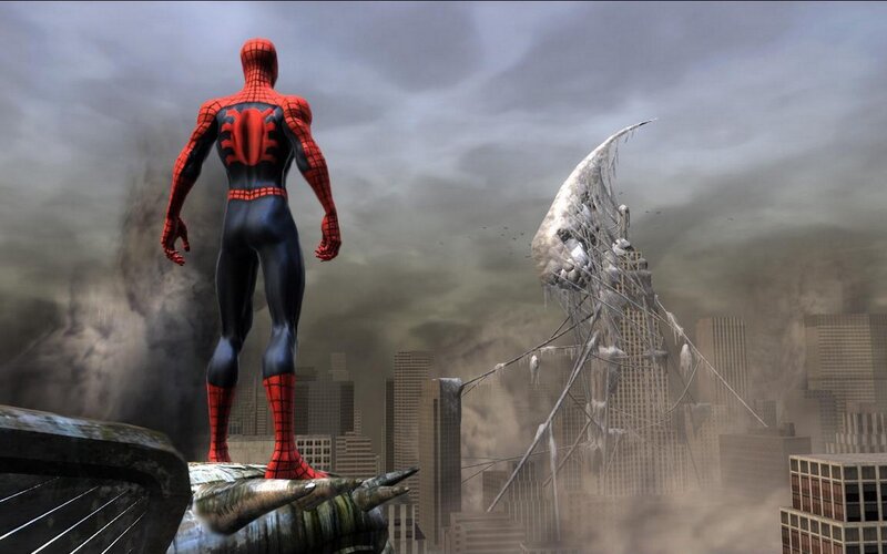 Spider-Man overlooks a ruined city