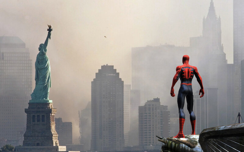 Spider-Man overlooks a smoky city