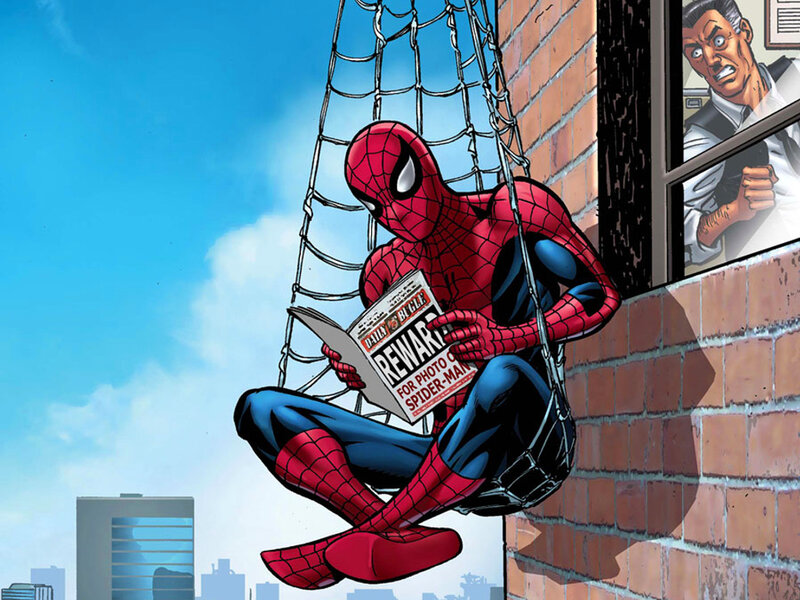 Spider-Man reading newspaper