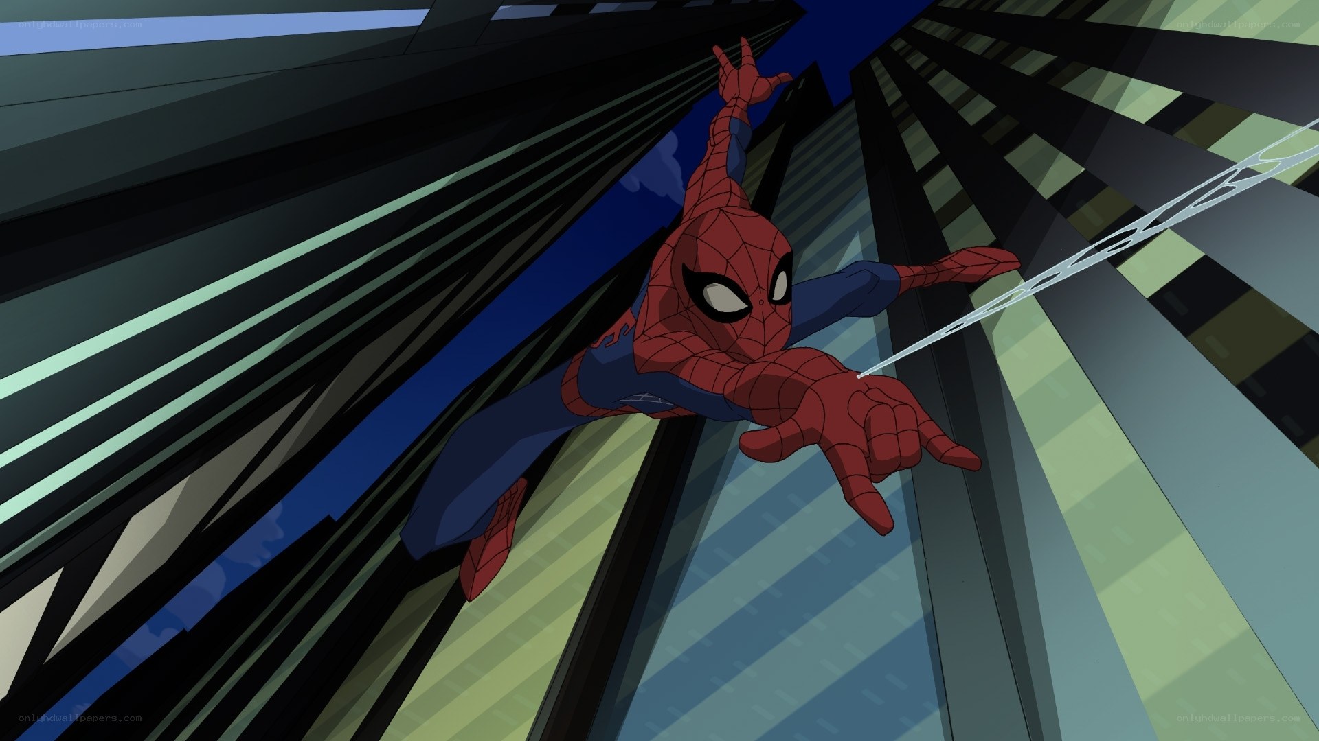 Spider-Man swinging between buildings