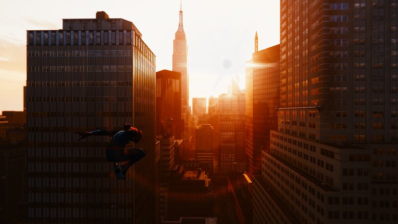 Spider-man Swinging Between Buildings — Orange, Dramatic