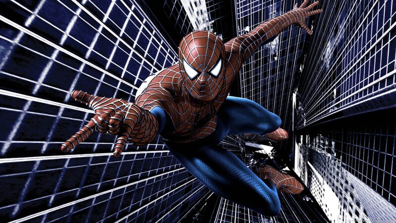 Spider-Man swinging between buildings