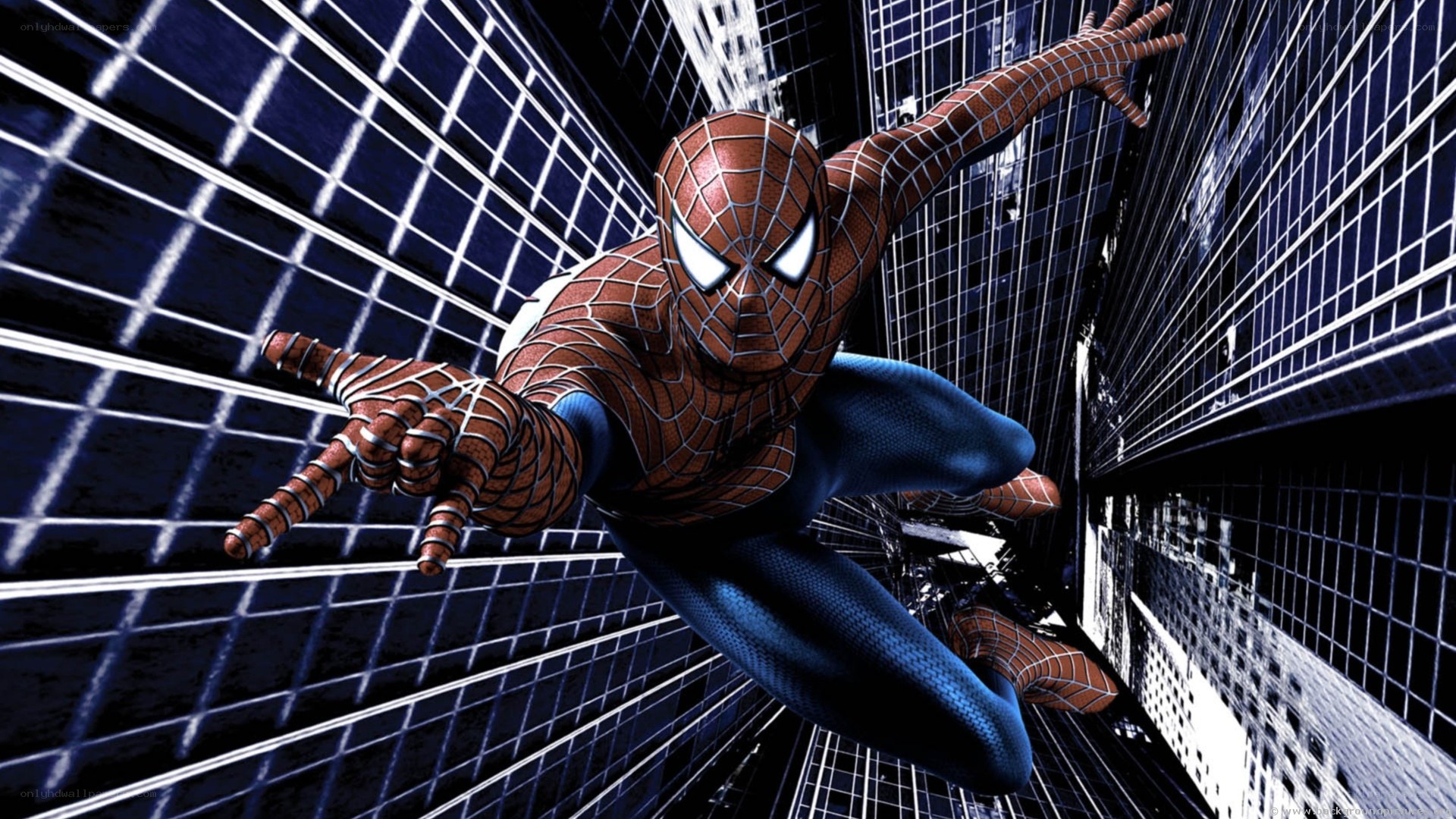 Spider-Man swinging between buildings