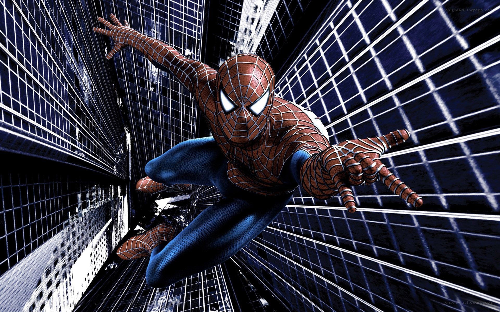 Spider-Man swinging between skyscrapers