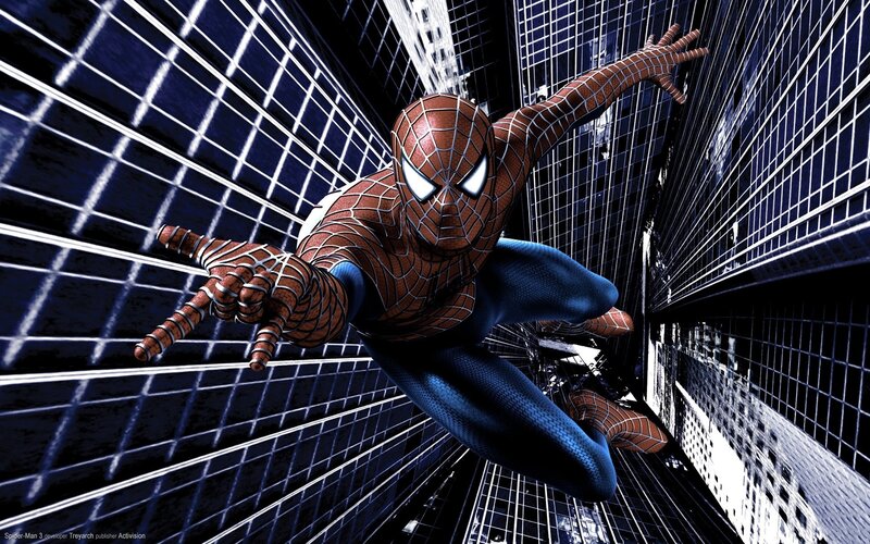 Spider-Man swinging between skyscrapers