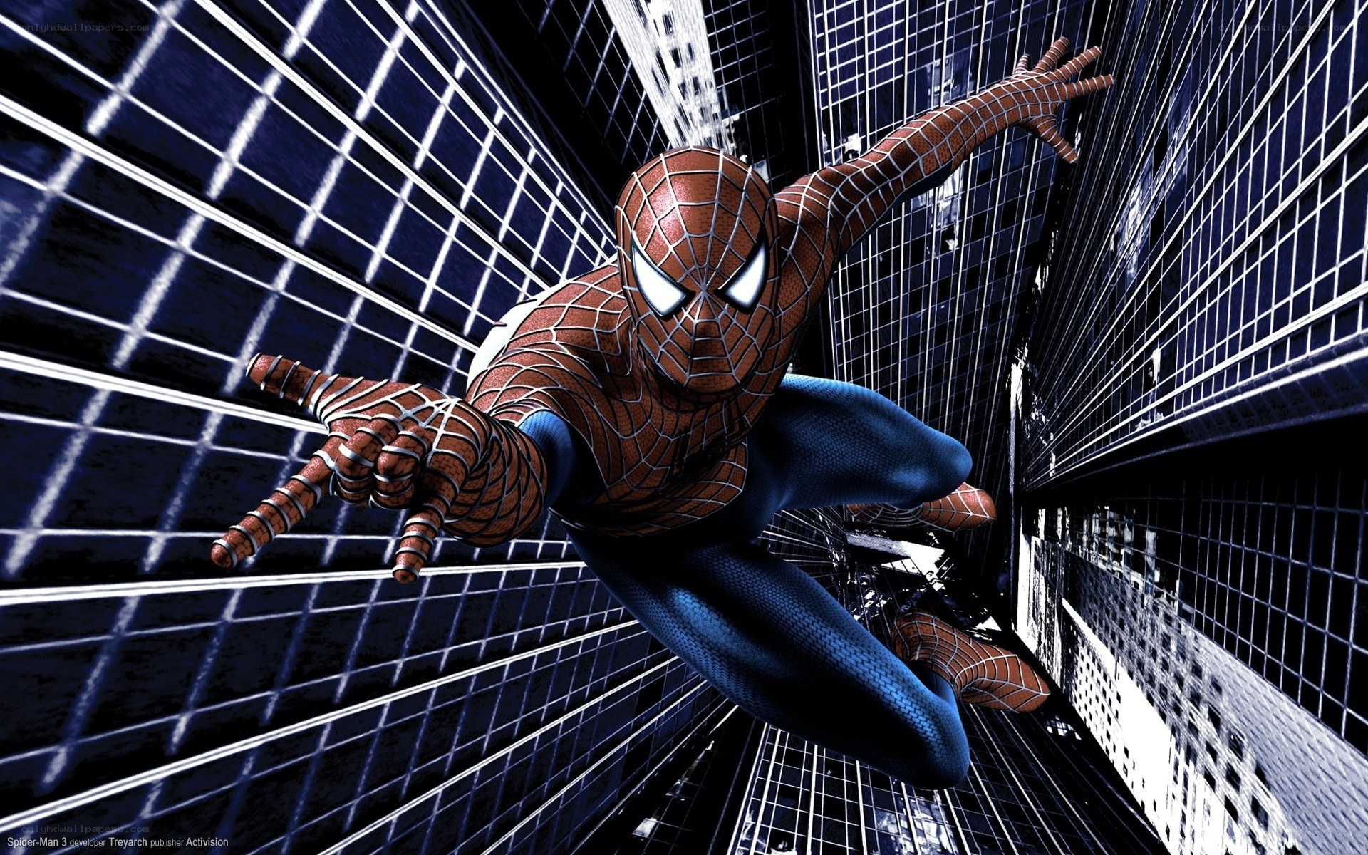 Spider-Man swinging between skyscrapers