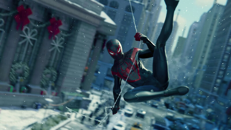 Spider-Man Swinging on Web — Black, Dynamic, Winter