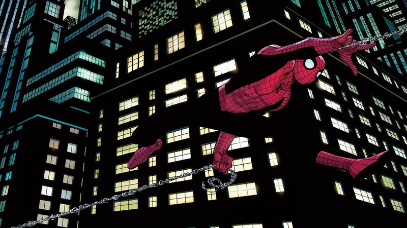 Spider-man Swinging on Web — Red, Dramatic, Night, Comic, City Buildings