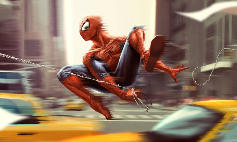 Spider-man Swinging on Web — Red, Dynamic, Afternoon, Digital Art