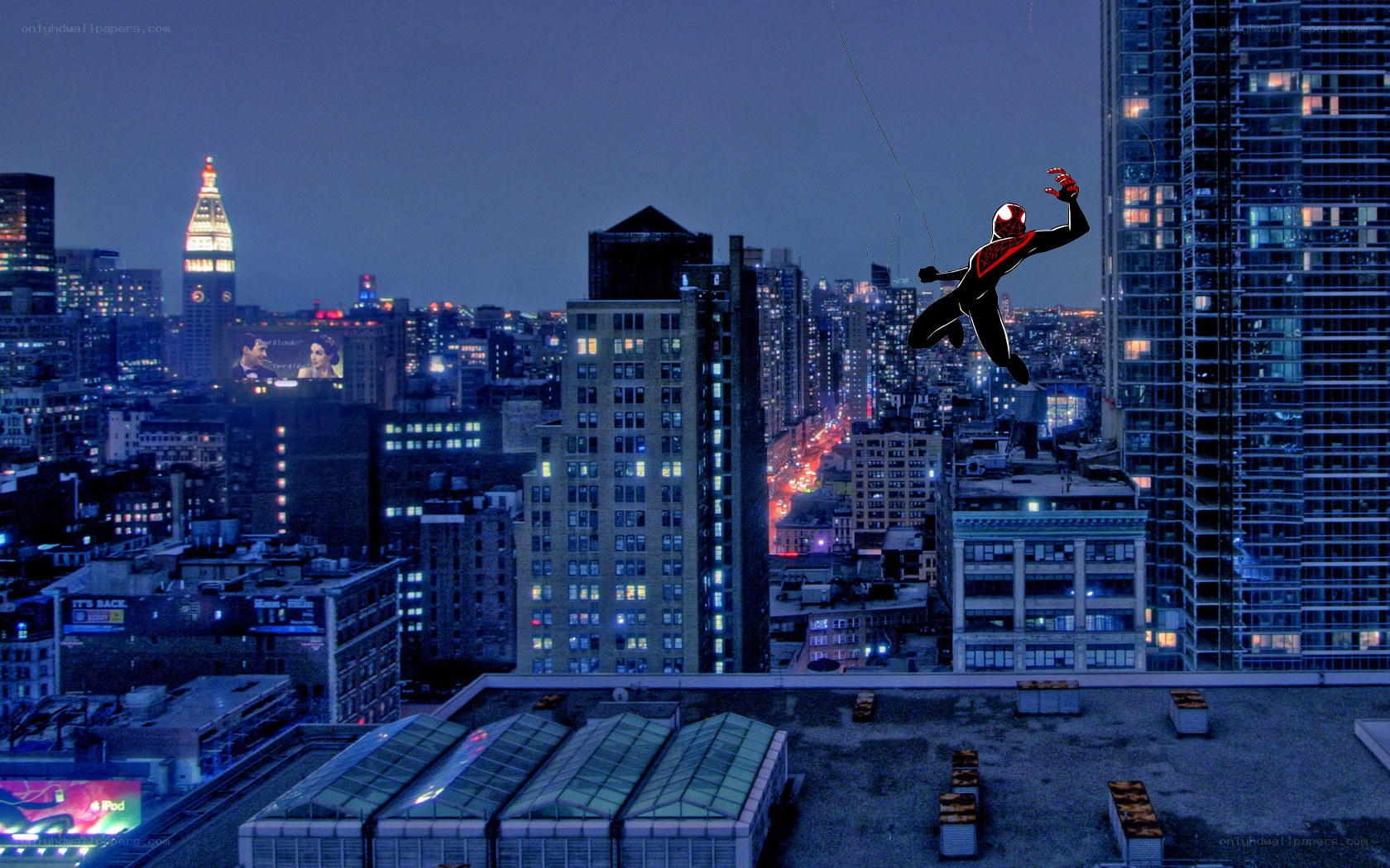 Spider-Man swinging over city
