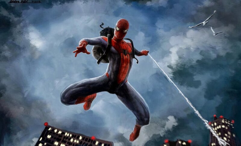 Spider-man Swinging — Red, Dramatic, Night, Digital Art, Backpack