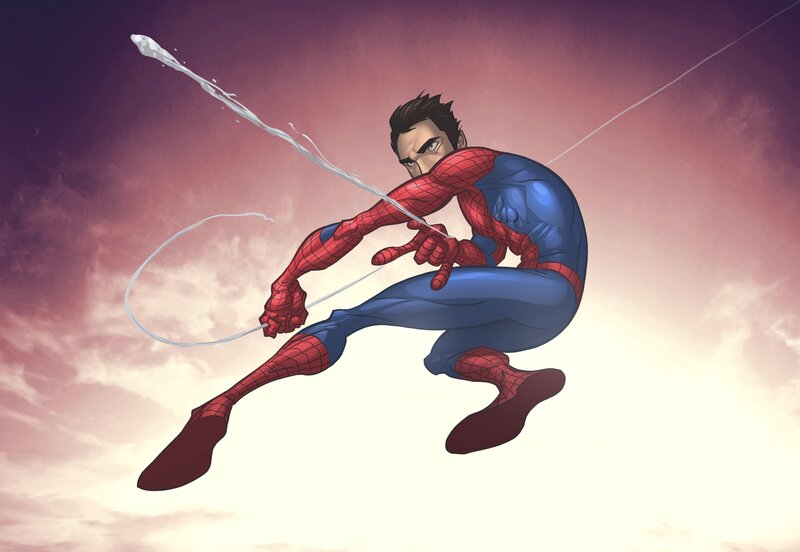 Spider-man Swinging — Red, Dramatic, Sunset, Digital Art, Web
