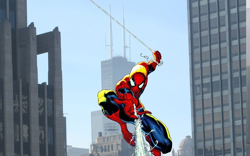 Spider-man Swinging — Red, Dynamic, Afternoon, Comic, Buildings