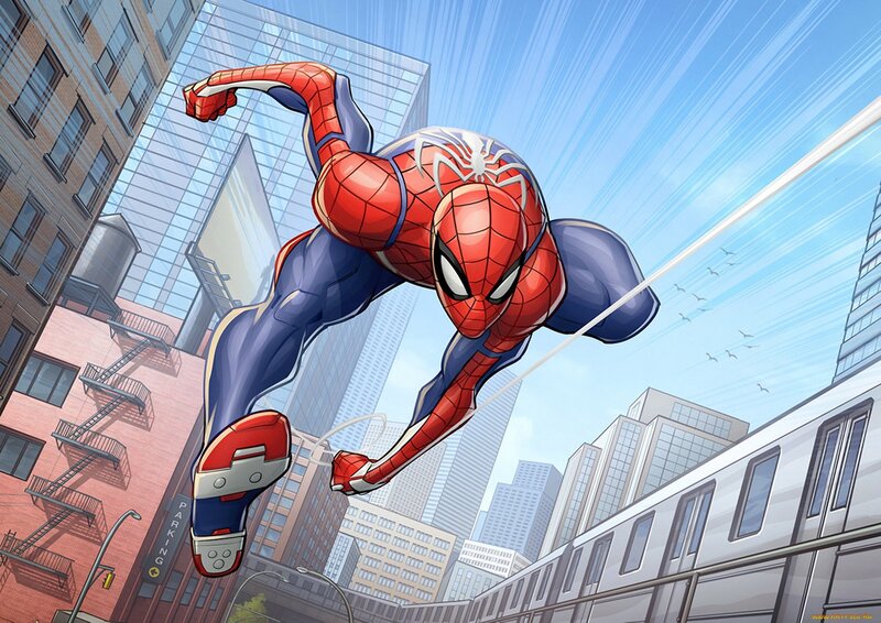 Spider-man Swinging — Red, Dynamic, Afternoon, Comic, Buildings, Train