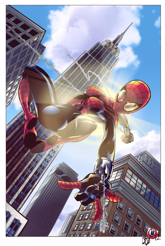 Spider-man Swinging — Red, Dynamic, Afternoon, Comic, Buildings, Web