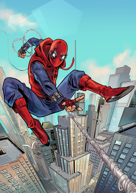 Spider-man Swinging — Red, Dynamic, Afternoon, Comic, Cityscape