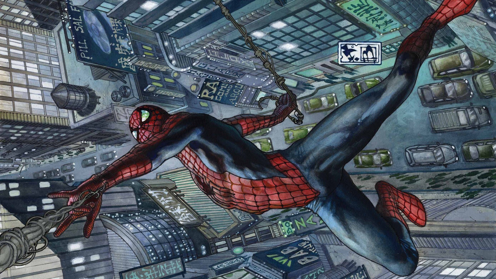 Spider-Man swinging through city