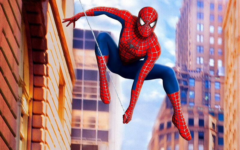 Spider-Man swinging through city