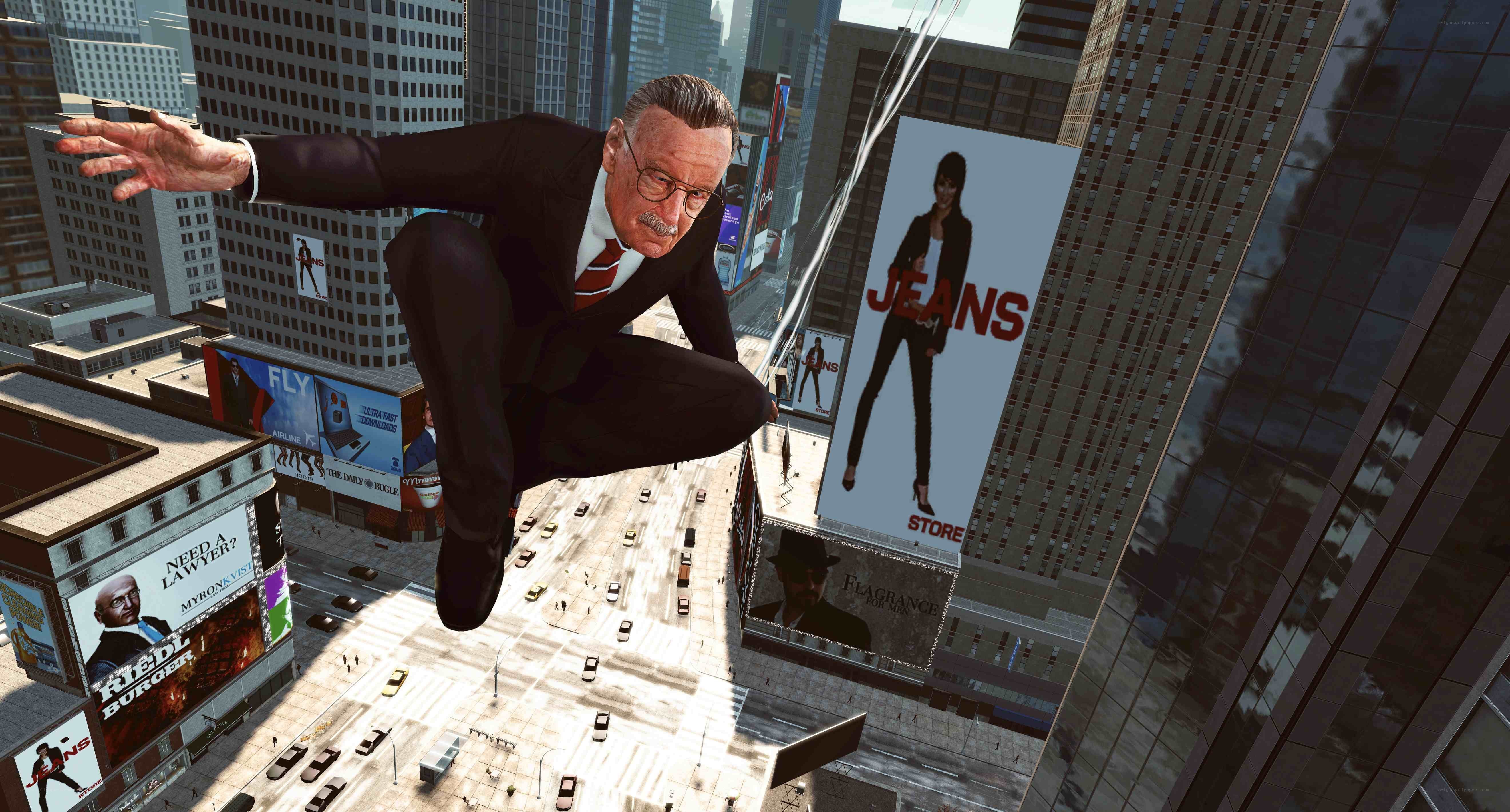 Spider-Man swinging through city
