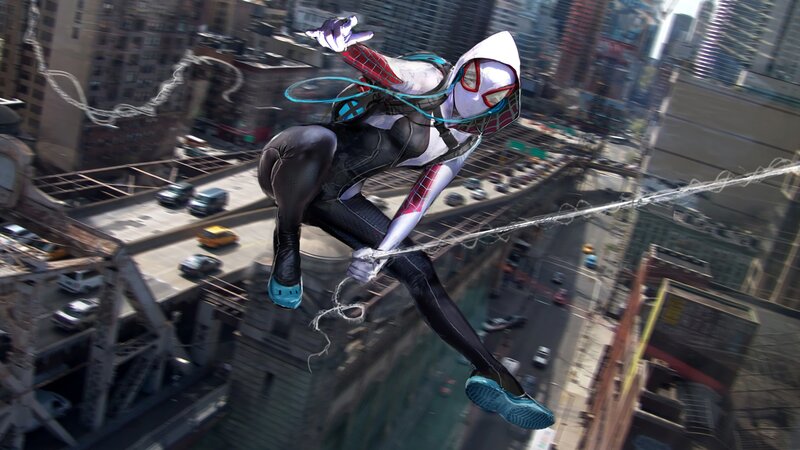 Spider-Man Swinging Through City — Black