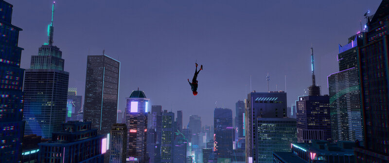 Spider-Man Swinging Through City — Purple