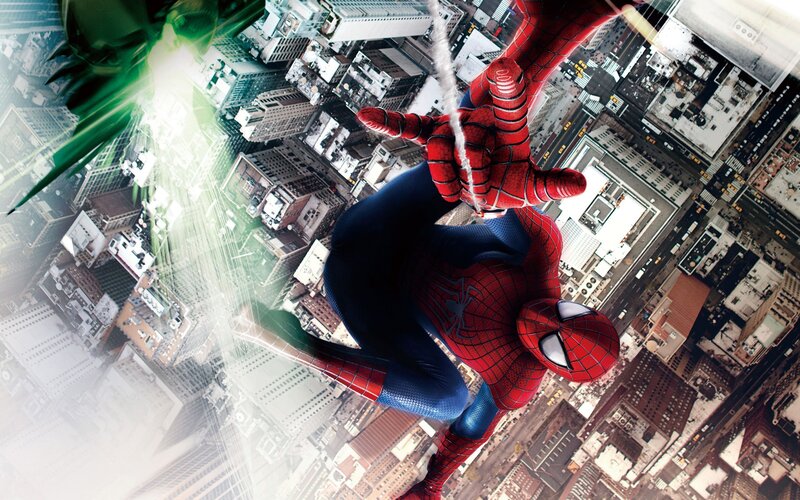 Spider-Man Swinging Through City — Red, Dramatic, Afternoon