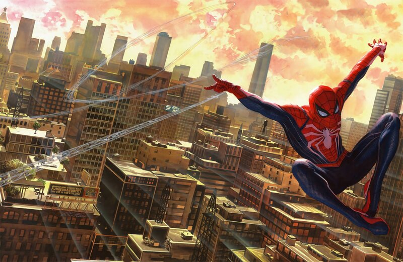 Spider-Man Swinging Through City — Red, Dramatic, Sunset