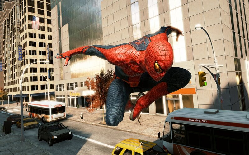 Spider-man Swinging Through City — Red, Dynamic, Afternoon, 3d Render, Buildings, Buses