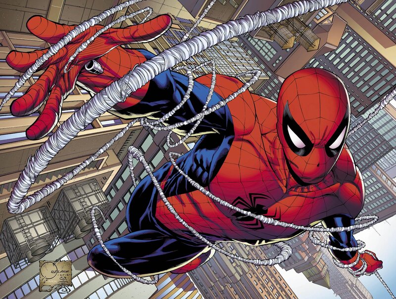 Spider-Man Swinging Through City — Red, Dynamic, Afternoon, Comic