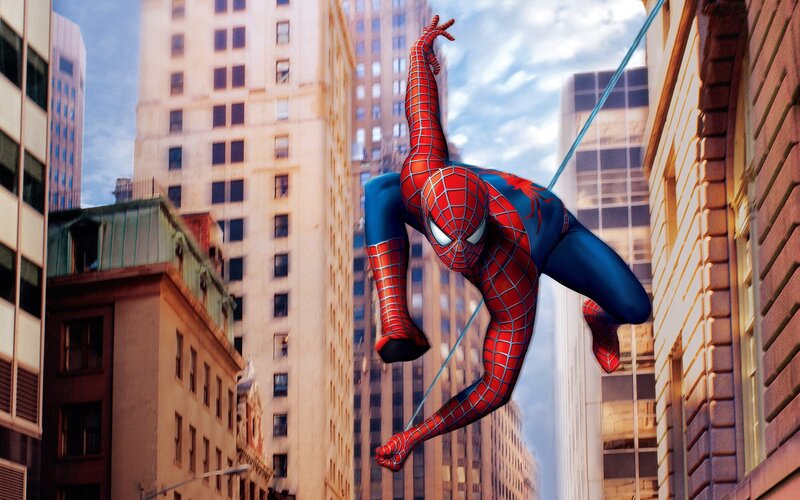 Spider-man Swinging Through City — Red, Dynamic, Afternoon, Digital Art, Buildings, Web, Sky, Blue