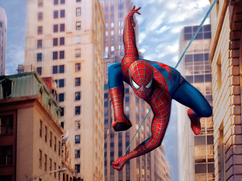 Spider-man Swinging Through City — Red, Dynamic, Afternoon, Digital Art, Buildings, Web, Sky