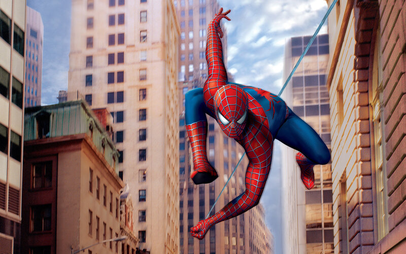 Spider-man Swinging Through City — Red, Dynamic, Afternoon, Digital Art