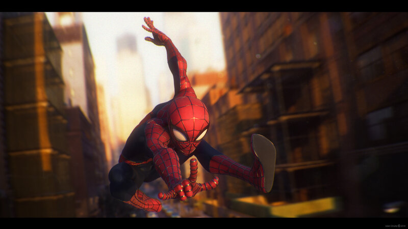 Spider-man Swinging Through City — Red, Dynamic, Sunset