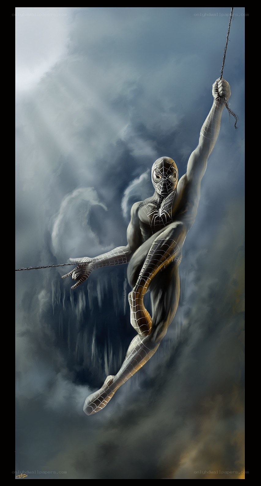 Spider-Man swinging through storm