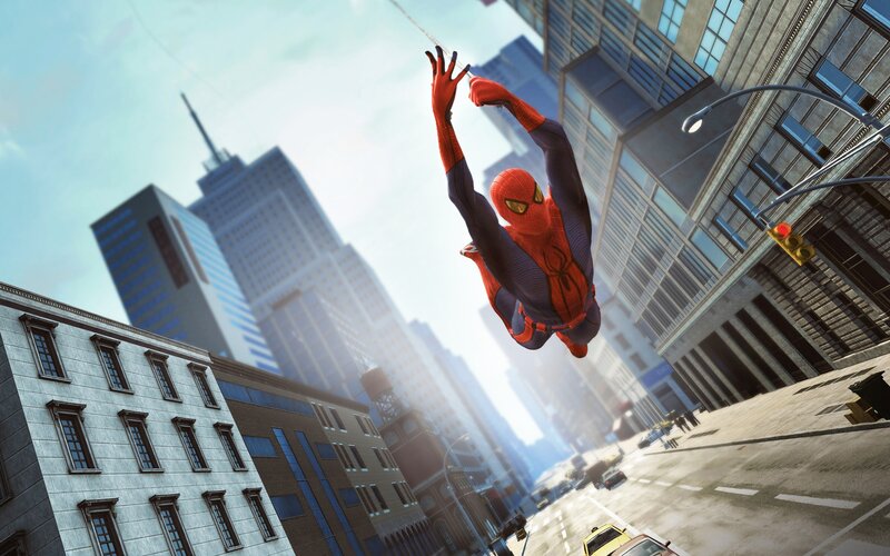 Spider-Man swinging through the city