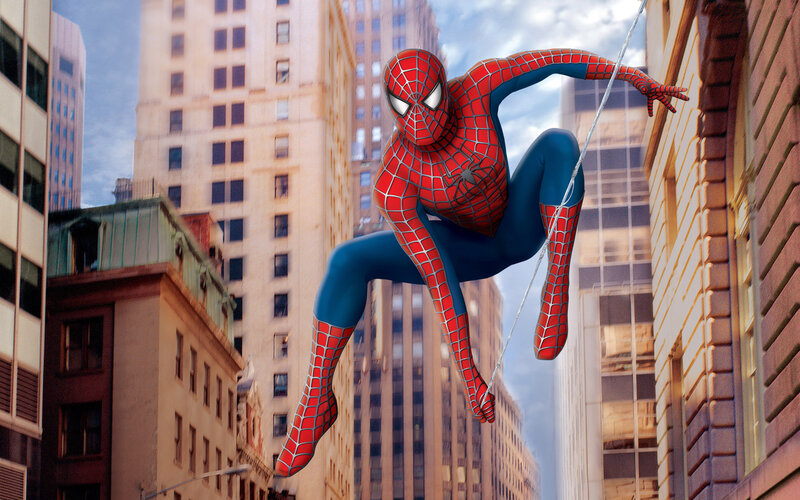 Spider-Man swinging through the city