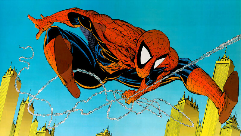 Spider-Man swinging through the city