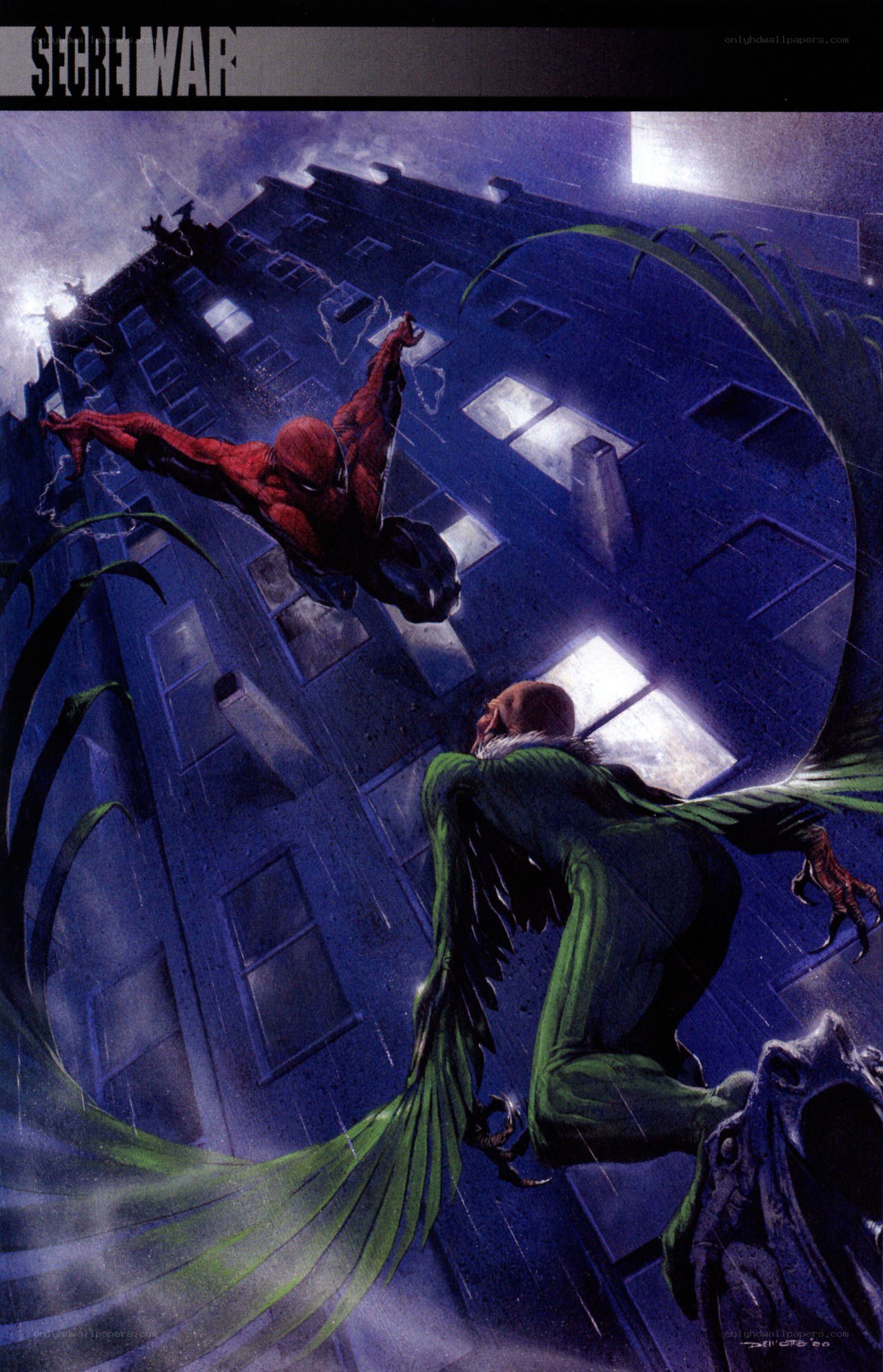Spider-Man vs. Vulture in a cityscape