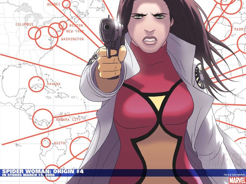 Spider-Woman aiming gun