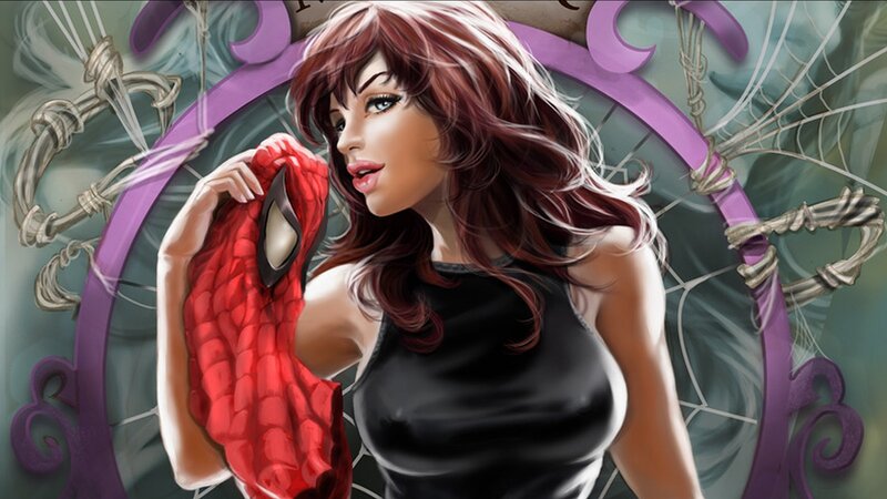 Spider-Woman holding her mask
