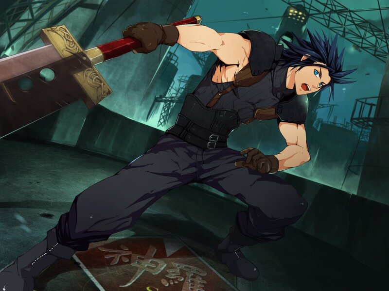 Spiky-haired Man with Sword — Blue, Dramatic, Night, Anime