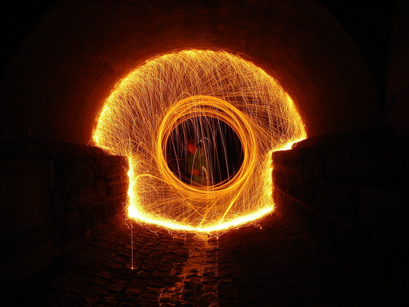 Spinning sparks in a tunnel