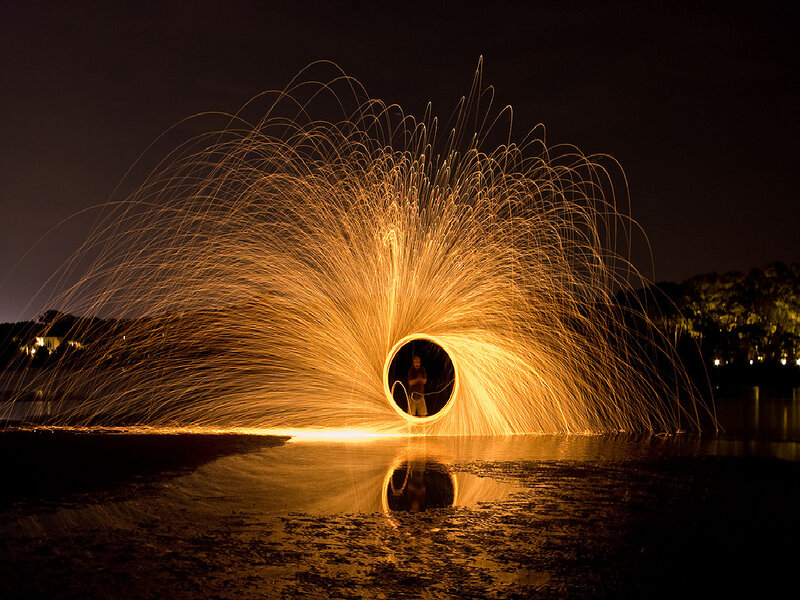 Spinning steel wool light art